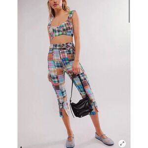 Free People high rise Patchwork Pants Size 0 Colorful Plaid Crop‎ Elastic Waist